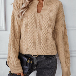 Cable-Knit Notched Long Sleeve Sweater