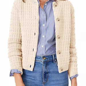 Button Up Round Neck Long Sleeve Cardigan