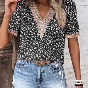 Full Size Printed V-Neck Short Sleeve Blouse