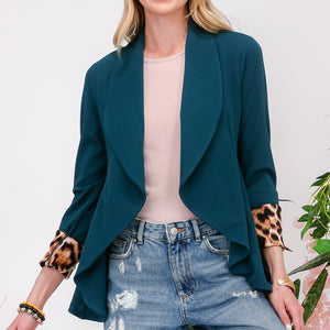 Celeste Full Size Rolled Leopard Cuff Open Front Blazer