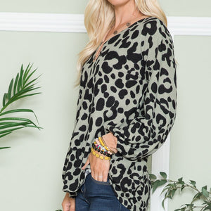 Celeste Full Size Leopard V-Neck Long Sleeve Blouse