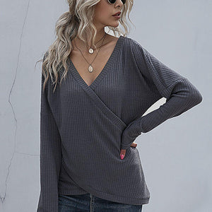 Perfee Waffle-Knit Surplice Long Sleeve Top