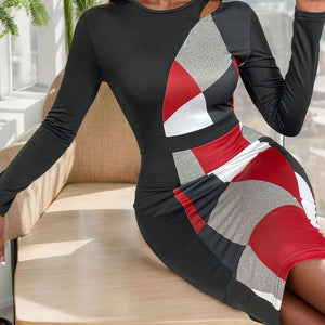 Perfee Cutout Color Block Round Neck Long Sleeve Dress