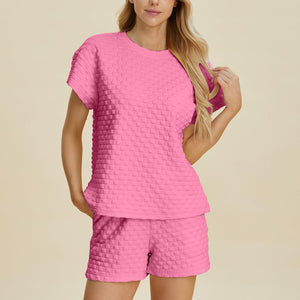 Double Take Full Size Texture T-Shirt and Shorts Set