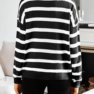 Striped Johnny Collar Long Sleeve Sweater