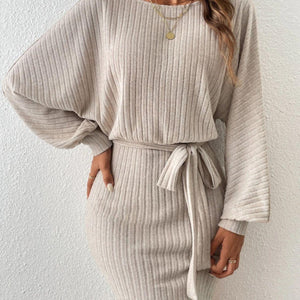 Round Neck Tie Waist Long Sleeve Mini Dress