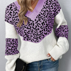 Leopard V-Neck Dropped Shoulder Sweater