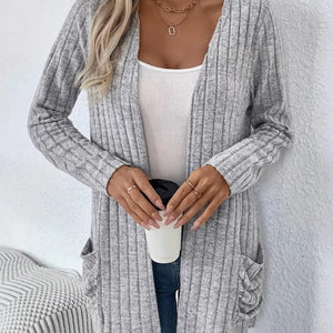 Ribbed Open Front Long Sleeve Cardigan with Pockets