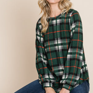 BOMBOM Curved Hem Plaid Round Neck Long Sleeve Top