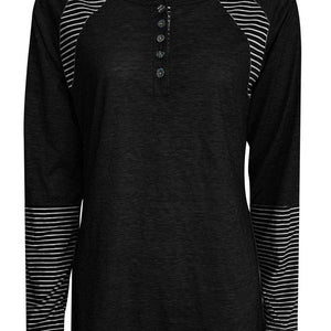 Full Size Striped Quarter Button Long Sleeve T-Shirt