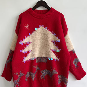 Sequin Christmas Tree & Reindeer Round Neck Sweater