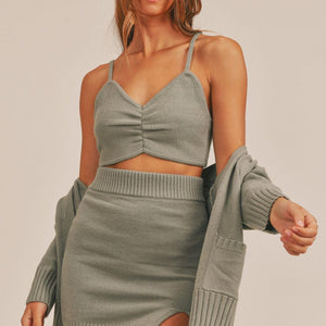 MABLE 3 Pieces Sweater Set with Crop Cami, Mini Skirt, Cardigan