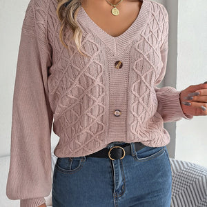 Cable-Knit V-Neck Lantern Sleeve Sweater