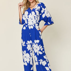 Double Take Full Size Printed Tie Back Wide Leg Jumpsuit