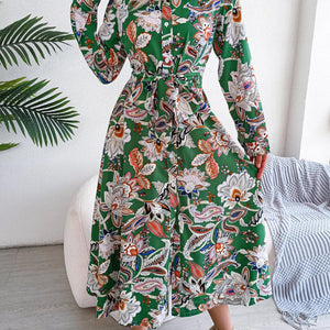 Tied Printed Long Sleeve Midi Dress