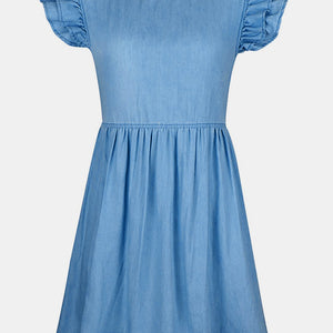 Full Size Ruffled Round Neck Cap Sleeve Denim Dress