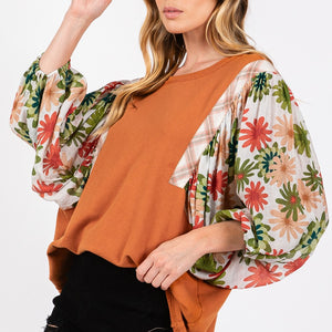 SAGE + FIG Full Size Printed Balloon Sleeve Contrast Top