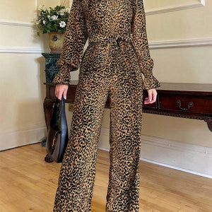 Leopard Flounce Sleeve Wide Leg Jumpsuit