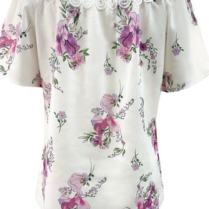 Full Size Printed Tie Neck Short Sleeve Blouse