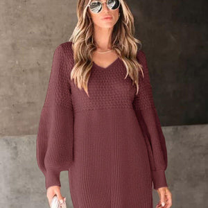 Perfee V-Neck Long Sleeve Sweater Dress