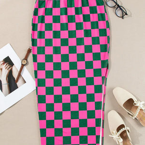 Split Checkered Midi Skirt