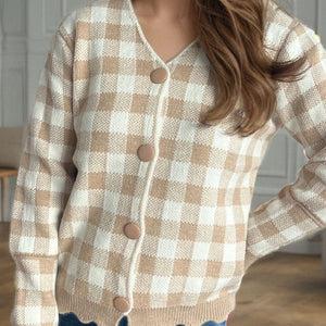 Plaid V-Neck Button Up Cardigan