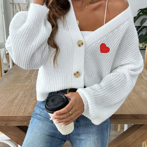 Heart Button Down V-Neck Long Sleeve Cardigan