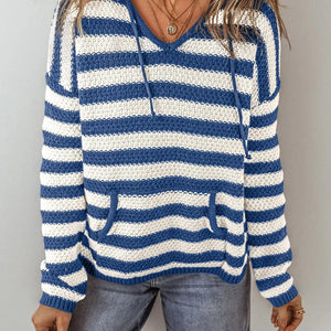 Drawstring Striped Long Sleeve Hooded Sweater