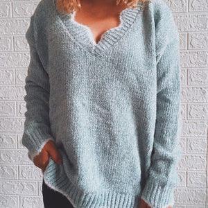 Notched Dropped Shoulder Long Sleeve Sweater