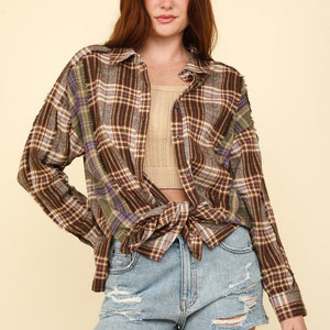 VERY J Contrast Plaid Raw Detail Shirt