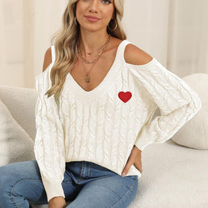 Cable-Knit Heart V-Neck Sweater