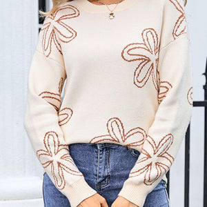 Angel Wings Flower Round Neck Dropped Shoulder Sweater