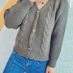 Cable-Knit V-Neck Button Down Long Sleeve Cardigan