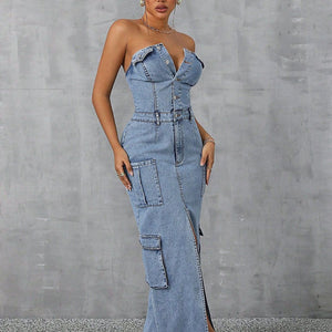 Slit Half Button Tube Denim Dress