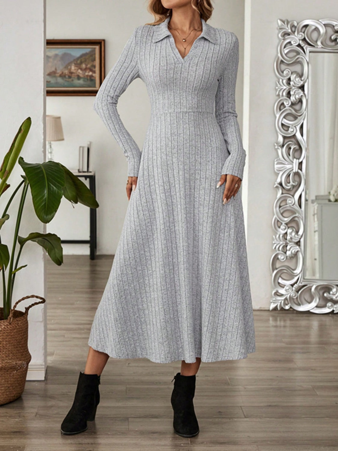 Ribbed Johnny Collar Long Sleeve Dress