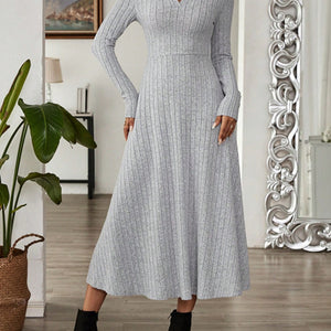 Ribbed Johnny Collar Long Sleeve Dress