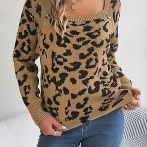 Leopard Buttoned Square Neck Sweater