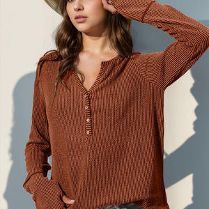 Double Take Full Size Notched Thumbhole Long Sleeve T-Shirt