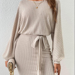 Round Neck Tie Waist Long Sleeve Mini Dress