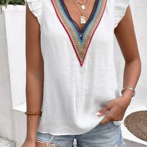 Full Size Ruffled V-Neck Cap Sleeve Blouse