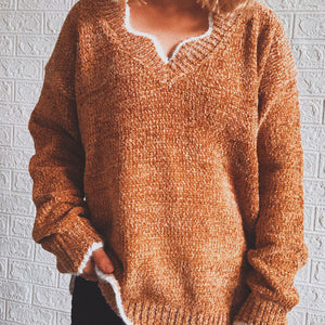 Notched Dropped Shoulder Long Sleeve Sweater