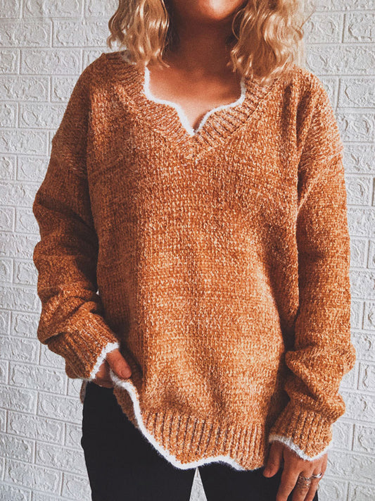 Notched Dropped Shoulder Long Sleeve Sweater