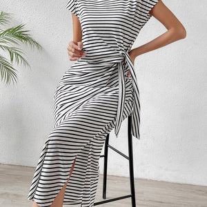 Honey Tied Striped Round Neck Short Sleeve Tee Dress