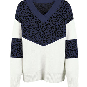 Leopard V-Neck Dropped Shoulder Sweater