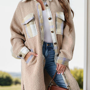 Slit Plaid Button Down Long Sleeve Coat