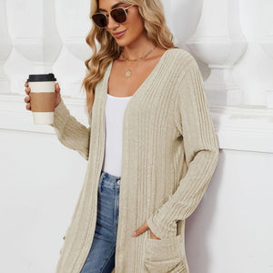 Pocketed Open Front Long Sleeve Cardigan