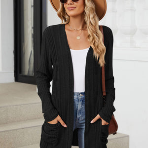 Pocketed Open Front Long Sleeve Cardigan