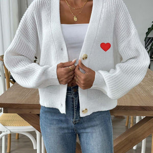 Heart Button Down V-Neck Long Sleeve Cardigan