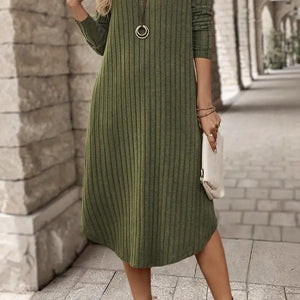 Ribbed Curved Hem Round Neck Long Sleeve Dress