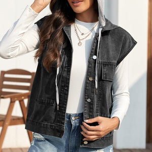 Drawstring Button Up Sleeveless Denim Jacket